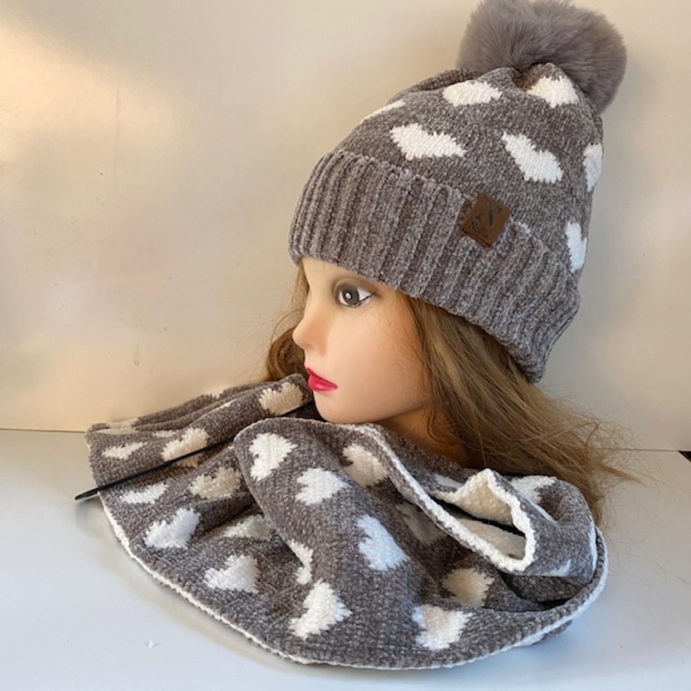 Soft Warm Gray And White Pom Pom Beanie And Reversible Infinity Scarf Set